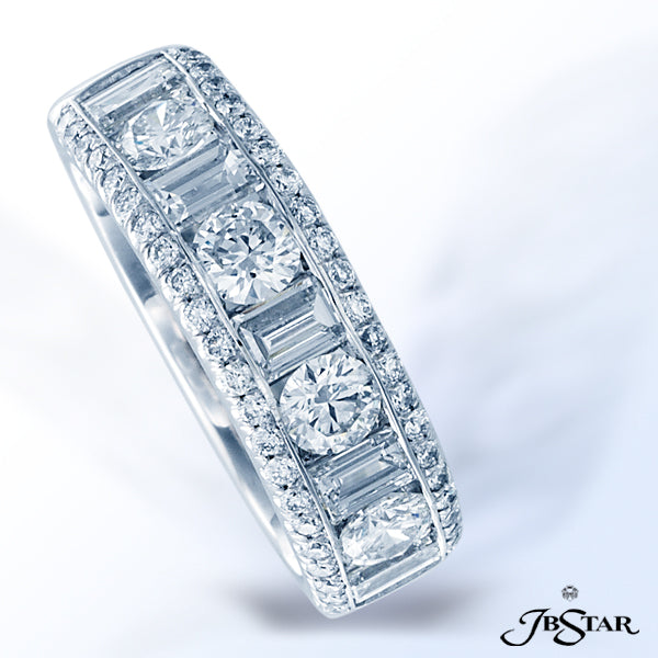 JB STAR PLATINUM DIAMOND WEDDING BAND HANDCRAFTED WITH A CENTER CHANNEL OF PERFECTLY MATCHED ROUND D