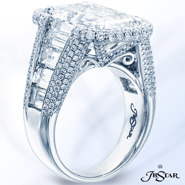 JB STAR EXQUISITE 7.00CT EMERALD-CUT RING EDGED WITH ROUND DIAMOND PAVE COMPLETED WITH TRAPEZOID DIA