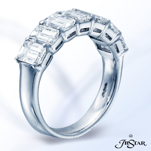 JB STAR PLATINUM DIAMOND BAND HANDCRAFTED WITH 7 PERFECTLY MATCHED EMERALD-CUT EMERALDS IN SHARED-PR