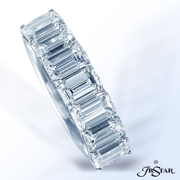 JB STAR PLATINUM DIAMOND BAND HANDCRAFTED WITH 7 PERFECTLY MATCHED EMERALD-CUT EMERALDS IN SHARED-PR