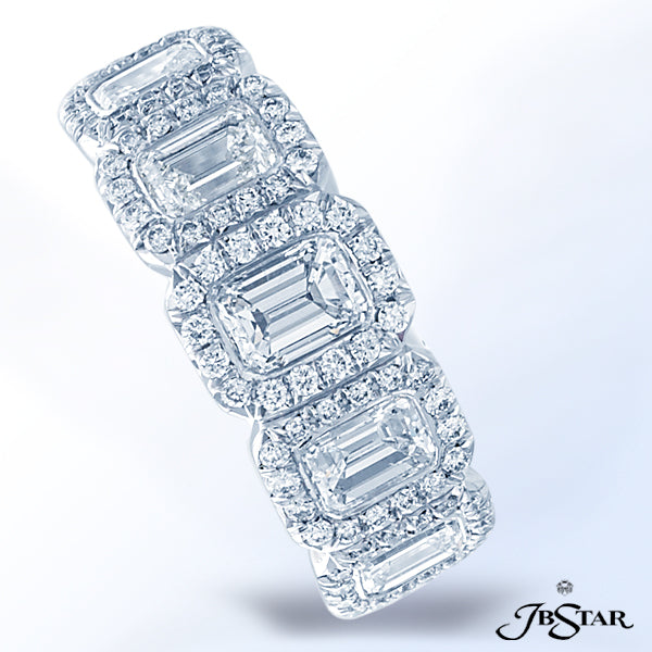 JB STAR PLATINUM DIAMOND BAND HANDCRAFTED WITH 5 EXPERTLY MATCHED EMERALD-CUT DIAMONDS IN BEZEL SETT