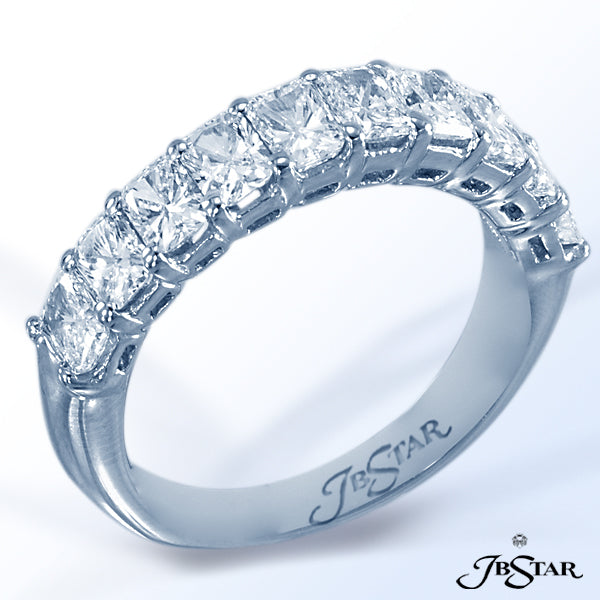 JB STAR PLATINUM WEDDING BAND HANDCRAFTED WITH 10 PERFECTLY MATCHED RADIANT DIAMONDS IN SHARED-PRONG