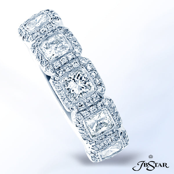 JB STAR HANDCRAFTED DIAMOND BAND EXQUISITELY MADE WITH 5 RADIANT-CUT DIAMONDS IN BEZEL AND CUT-DOWN