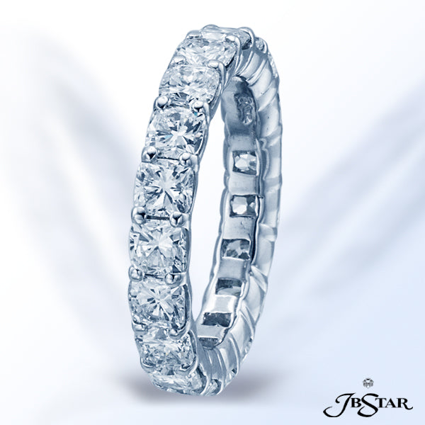 JB STAR PLATINUM DIAMOND ETERNITY BAND HANDCRAFTED WITH 19 PERFECTLY MATCHED CUSHION DIAMONDS IN SHA