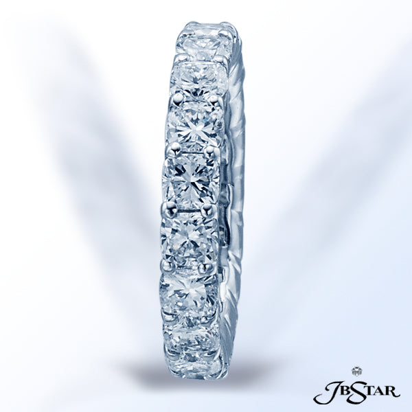 JB STAR PLATINUM DIAMOND ETERNITY BAND HANDCRAFTED WITH 19 PERFECTLY MATCHED CUSHION DIAMONDS IN SHA