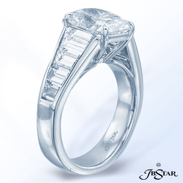 JB STAR PLATINUM DIAMOND RING FEATURING A STUNNING 3.01 CT RADIANT DIAMOND ENHANCED BY 8 TRAPEZOID D