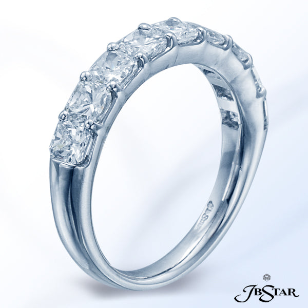 JB STAR PLATINUM BAND HANDCRAFTED WITH 9 PERFECTLY MATCHED RADIANT DIAMONDS IN SHARED-PRONG SETTING.