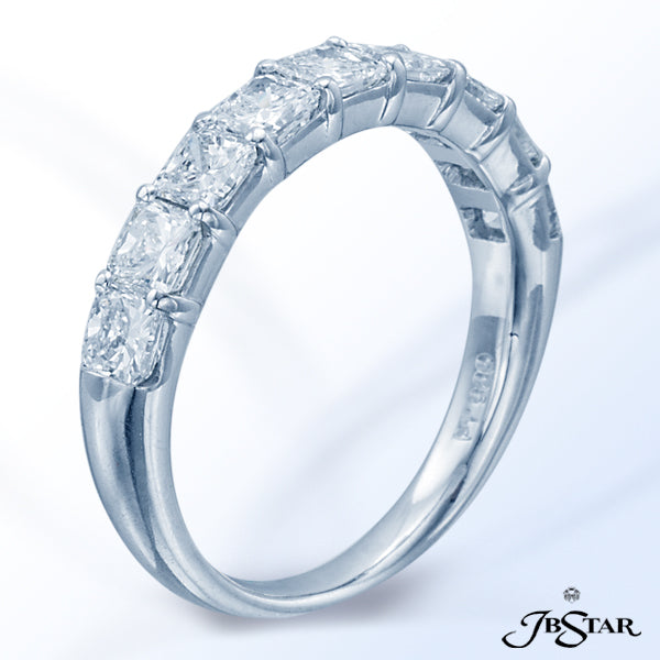 JB STAR PLATINUM DIAMOND BAND HANDCRAFTED WITH 9 PERFECTLY MATCHED RADIANT DIAMONDS IN SHARED PRONG