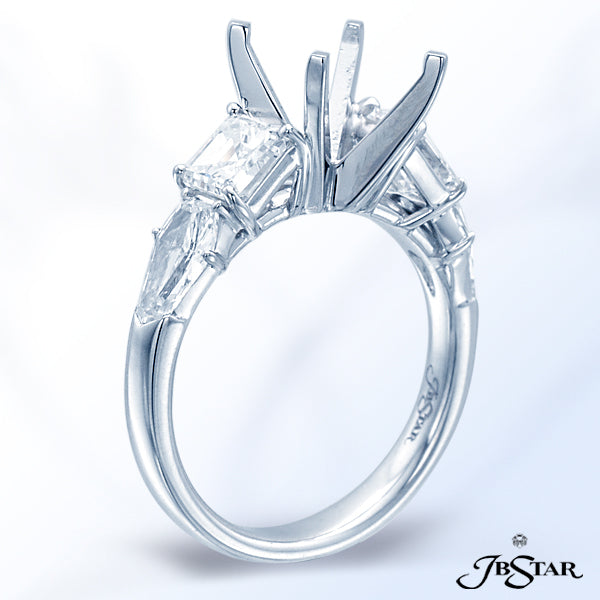 JB STAR ELEGANTLY STYLED THIS PLATINUM SEMI-MOUNT FEATURES PERFECTLY MATCHED SQUARE-EMERALD-CUT AND