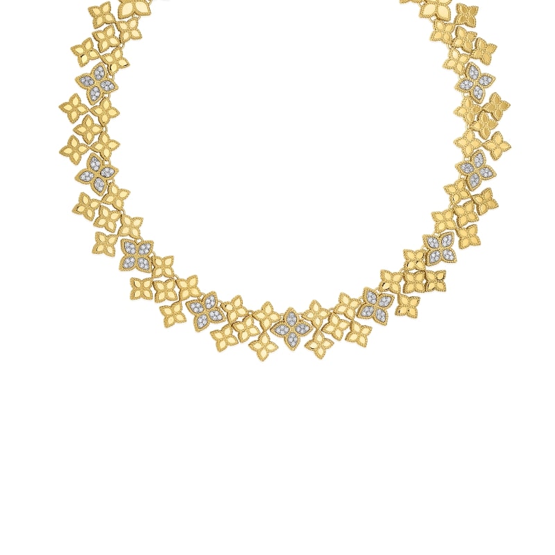 ROBERTO COIN 18KT GOLD WIDE LINK COLLAR WITH DIAMONDS FROM THE PRINCESS FLOWER