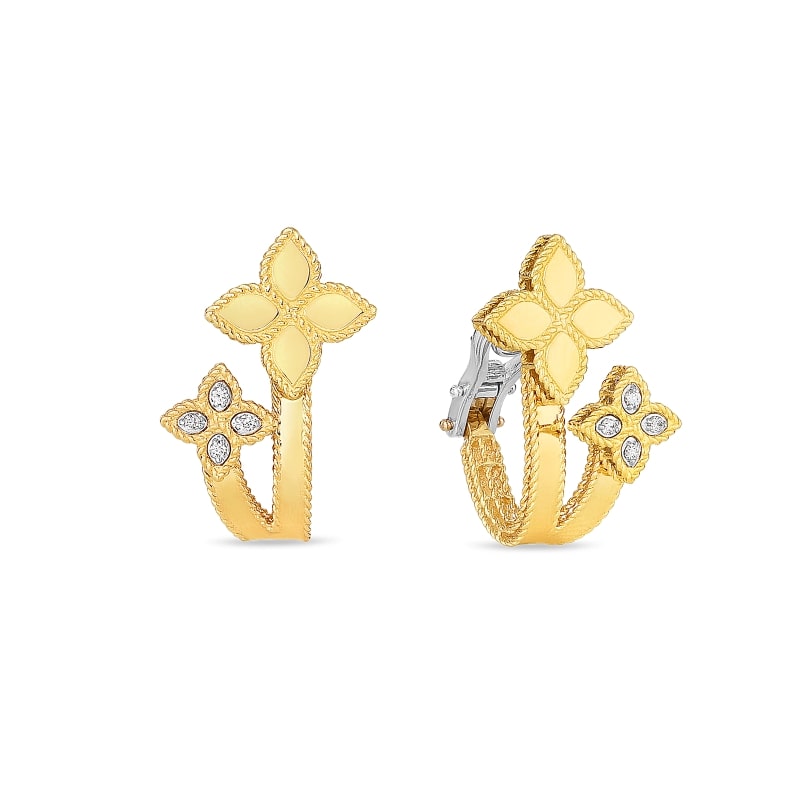 ROBERTO COIN 18KT GOLD HUGGIE EARRINGS WITH DIAMOND FROM THE PRINCESS FLOWER