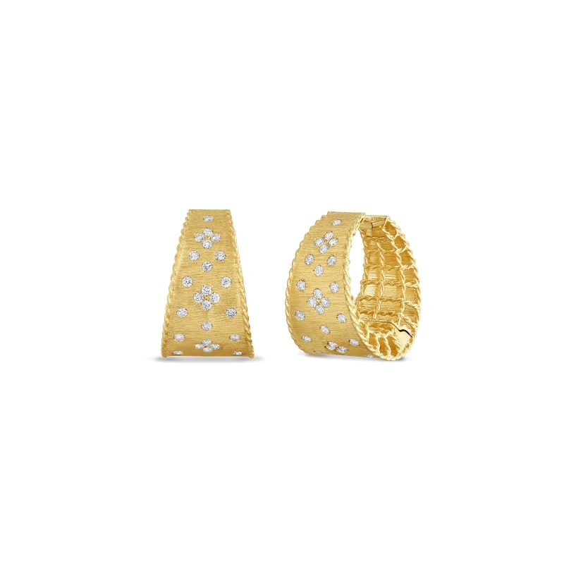 ROBERTO COIN 18KT GOLD TAPERED HOOPS WITH FLEUR DE LIS DIAMONDS FROM THE PRINCESS