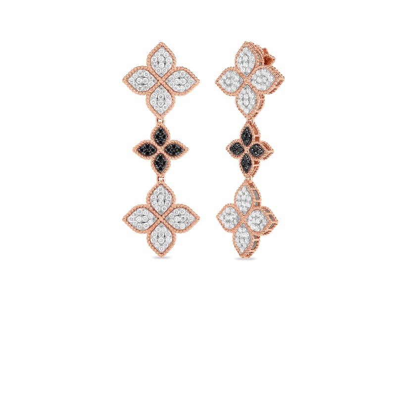 ROBERTO COIN 18K GOLD, WHT & BLK DIAMOND PRINCESS FLOWER 3 FLOWER DROP EARRING FROM THE PRINCESS FLOWER