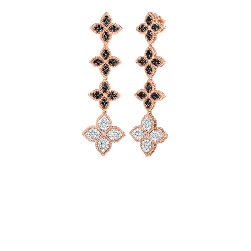 ROBERTO COIN 18K GOLD, BLK & WHT DIAMOND PRINCESS FLOWER DROP EARRING FROM THE PRINCESS FLOWER