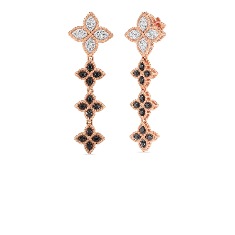 ROBERTO COIN 18K GOLD, BLK & WHT DIAMOND PRINCESS FLOWER DROP EARRING FROM THE PRINCESS FLOWER