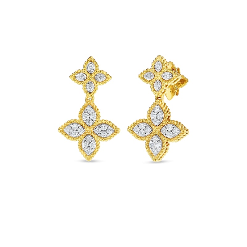 ROBERTO COIN 18K GOLD DIAMOND DROP EARRING FROM THE PRINCESS FLOWER