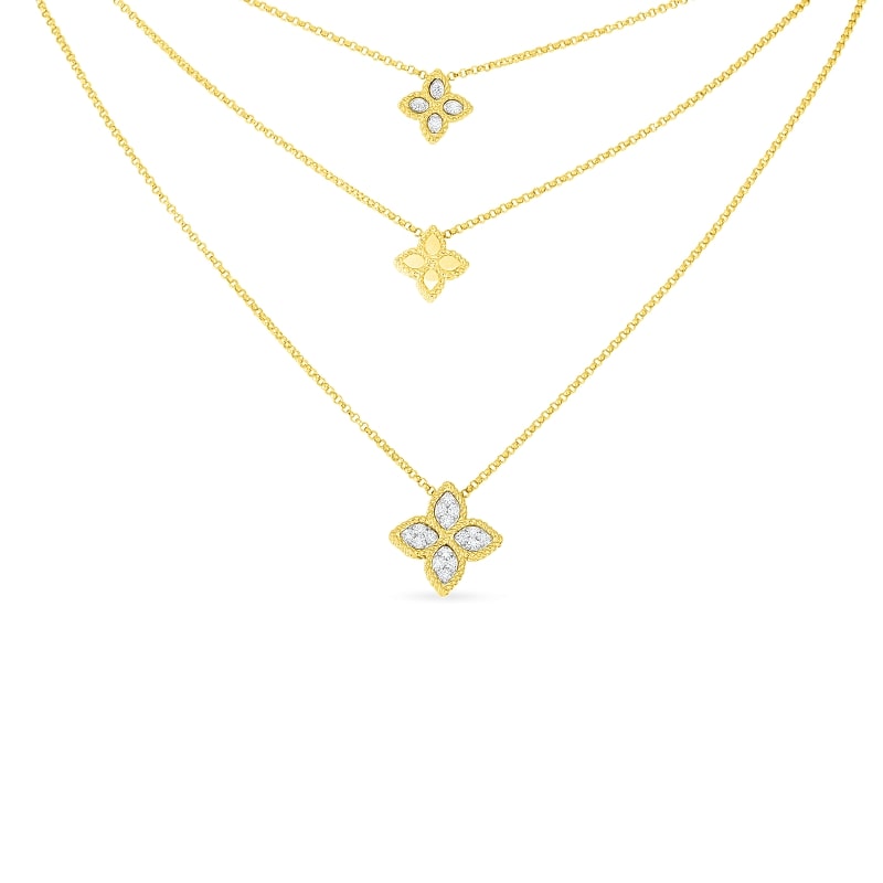 ROBERTO COIN 18K GOLD & DIAMOND 3 DROP FLOWER NECKLACE FROM THE PRINCESS FLOWER