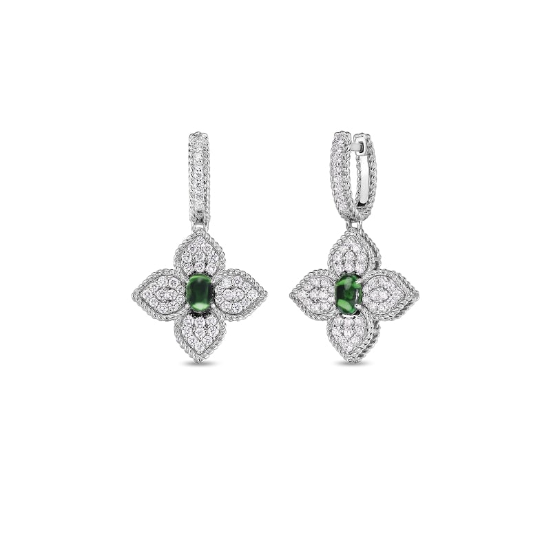 ROBERTO COIN 18K DIAMOND & TSAVORITE FLOWER DROP EARRINGS FROM THE PRINCESS FLOWER