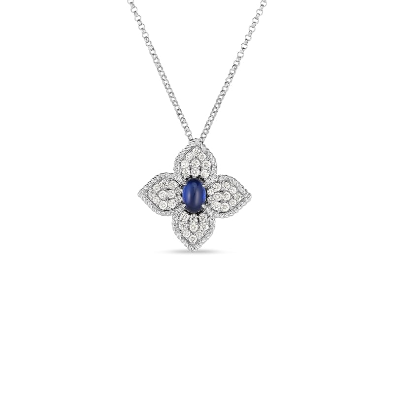 ROBERTO COIN 18K GOLD, DIAMOND & SAPPHIRE CABOCHON PRINCESS FLOWER LG PENDANT FROM THE PRINCESS FLOWER