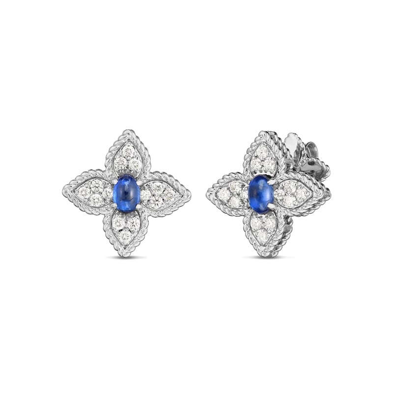 ROBERTO COIN 18K GOLD, DIAMOND & SAPPHIRE CABOCHON PRINCESS FLOWER STUD EARRING FROM THE PRINCESS FLOWER