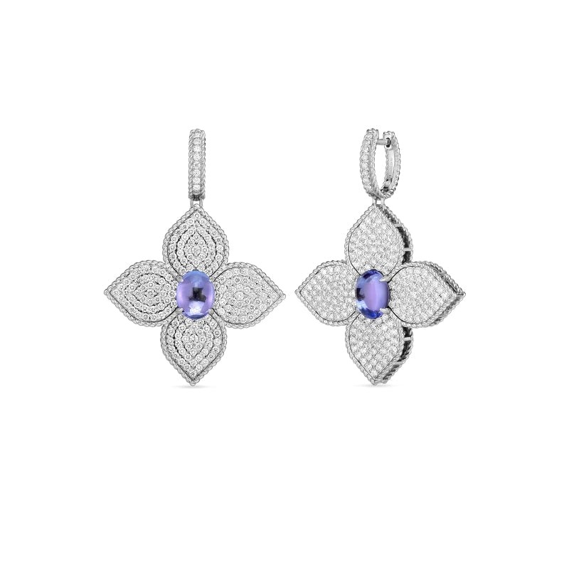 ROBERTO COIN 18K GOLD, DIAMOND & TANZANITE CABOCHON PRINCESS FLOWER XL DROP EARRING FROM THE PRINCESS FLOWER