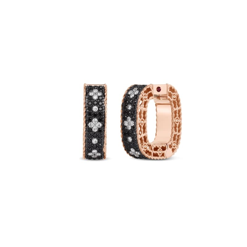 ROBERTO COIN 18KT GOLD HOOP EARRINGS WITH BLACK AND WHITE FLEUR DE LIS DIAMONDS FROM THE VENETIAN PRINCESS