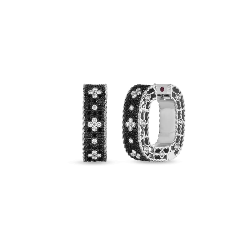 ROBERTO COIN 18KT GOLD HOOP EARRINGS WITH BLACK AND WHITE FLEUR DE LIS DIAMONDS FROM THE VENETIAN PRINCESS