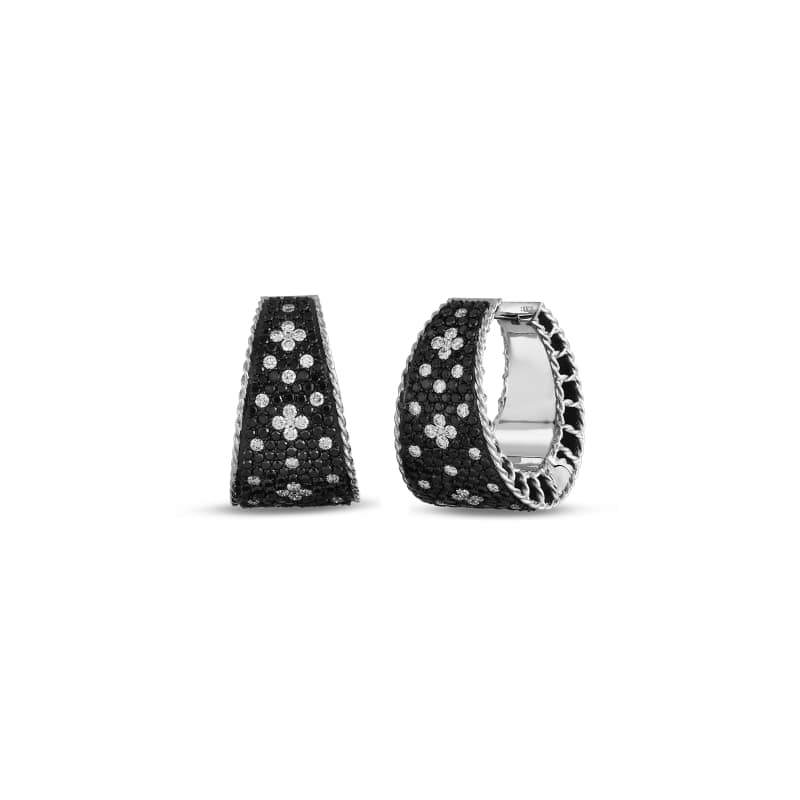 ROBERTO COIN 18KT GOLD TAPERED HOOP EARRINGS WITH BLACK AND WHITE FLEUR DE LIS DIAMONDS  FROM THE VENETIAN PRINCESS