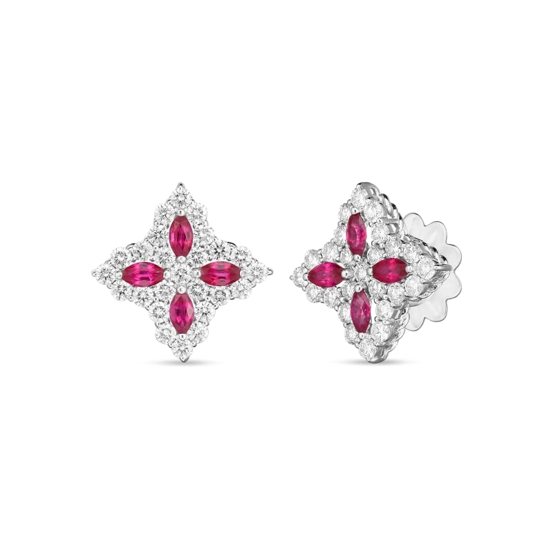 ROBERTO COIN 18K GOLD, DIA & RUBY PRINCESS FLOWER MEDIUM SIZE STUD EARRING FROM THE PRINCESS FLOWER