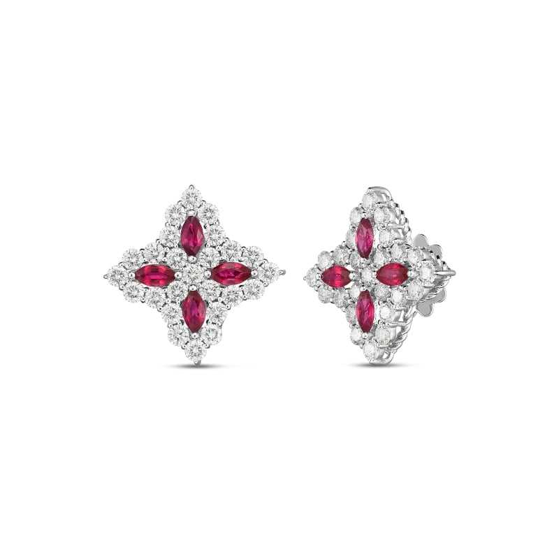 ROBERTO COIN 18K GOLD, DIAMOND & RUBY PRINCESS FLOWER LARGE STUD EARRING FROM THE PRINCESS FLOWER