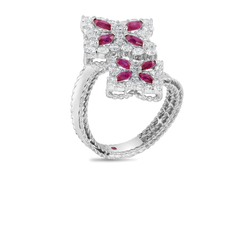 ROBERTO COIN 18K GOLD, DIAMOND & RUBY PRINCESS FLOWER BYPASS RING FROM THE PRINCESS FLOWER