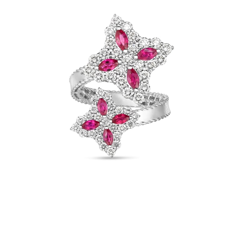 ROBERTO COIN 18K GOLD, DIAMOND & RUBY PRINCESS FLOWER BYPASS RING FROM THE PRINCESS FLOWER