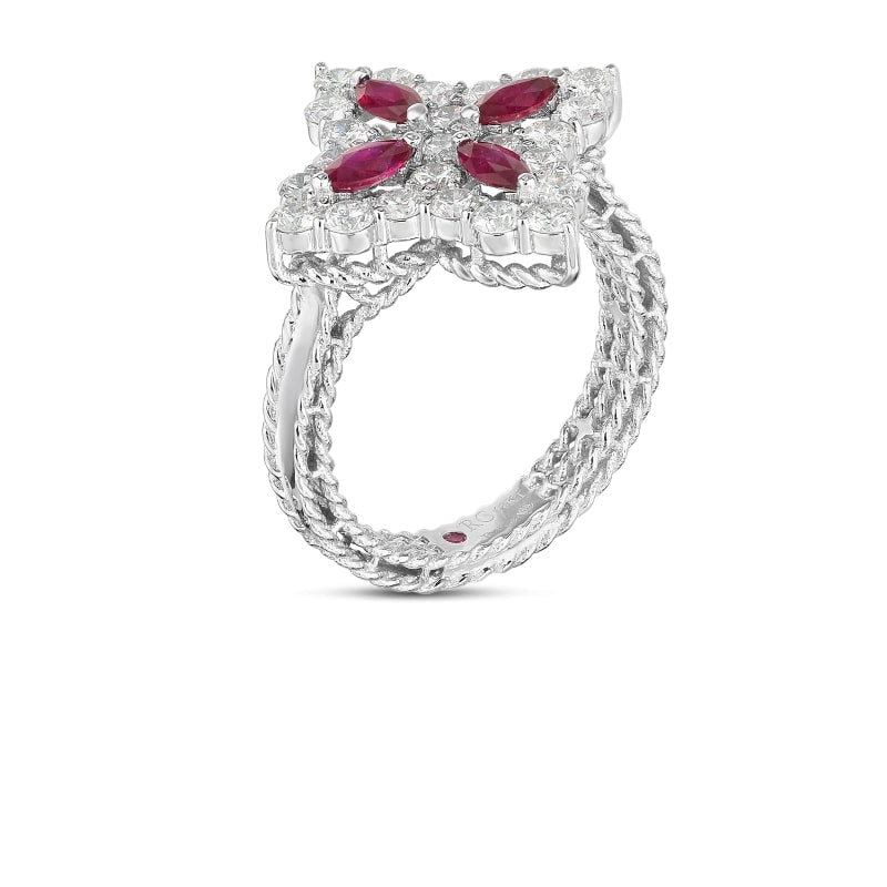 ROBERTO COIN 18K GOLD, DIA & RUBY PRINCESS FLOWER RING FROM THE PRINCESS FLOWER