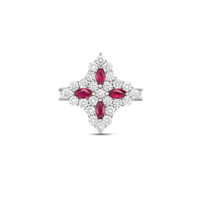 ROBERTO COIN 18K GOLD, DIA & RUBY PRINCESS FLOWER RING FROM THE PRINCESS FLOWER