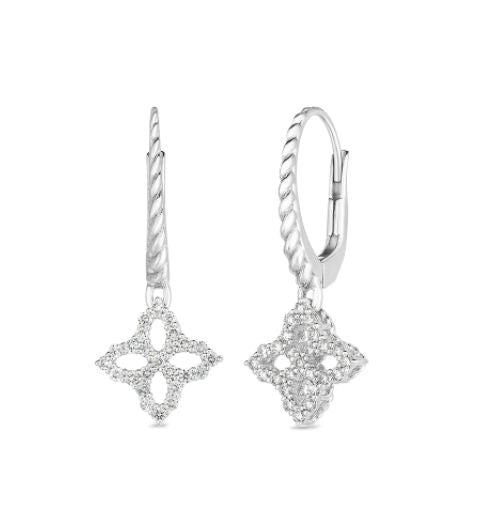 ROBERTO COIN 18KT SMALL DIAMOND OUTLINE FLOWER DROP EARRING FROM THE PRINCESS FLOWER