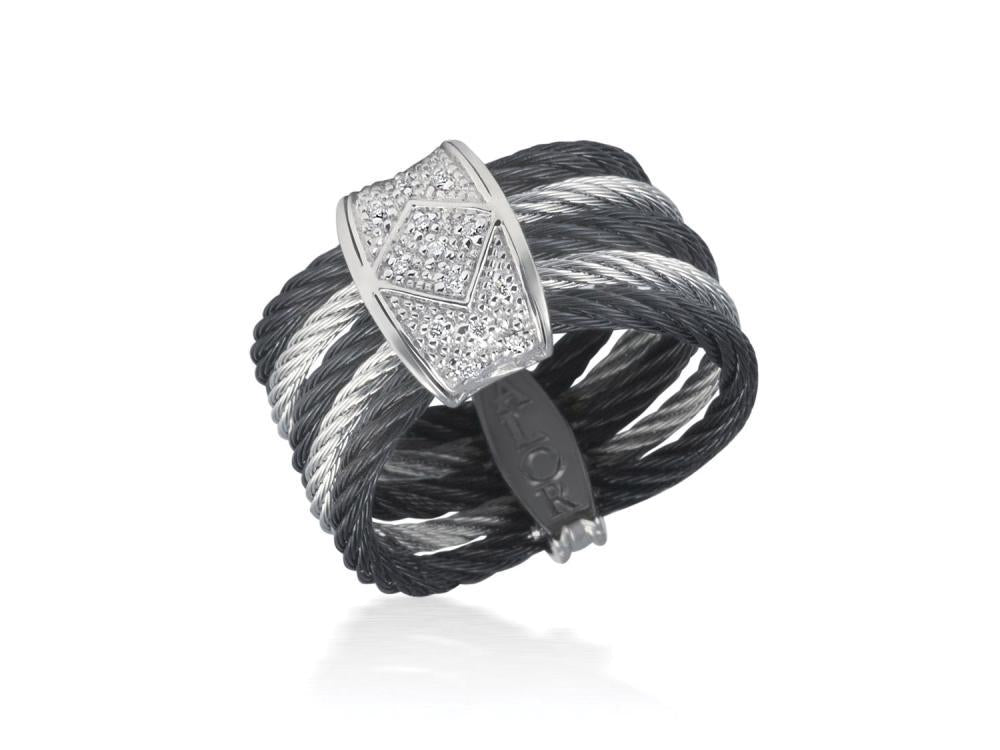 Alor Black cable and grey cable 3 row 2mm and 2 row 1.6mm, 18 karat White Gold, 0.08 total carat weight Diamonds with stainless steel. Imported.