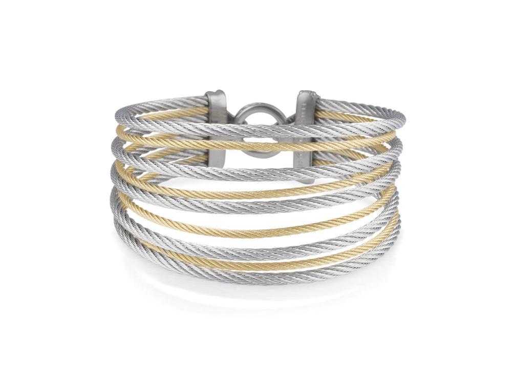 Alor Yellow cable and grey cable 9 row (4) 1.6mm & (5) 2.5mm, 18 karat Yellow Gold with stainless steel. Imported.