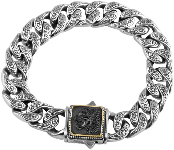 KONSTANTINO STERLING SILVER & 18K GOLD ONYX CARVED LION MOTIF LINK BRACELET FROM THE PAGANINI COLLEC