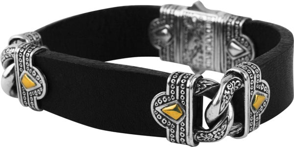 KONSTANTINO STERLING SILVER & 18K GOLD WITH LEATHER BRACELET FROM THE SPARTA COLLECTION