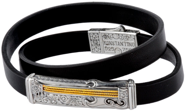 KONSTANTINO STERLING SILVER & 18K GOLD GUITAR LEATHER BRACELET FROM THE SOUL COLLECTION