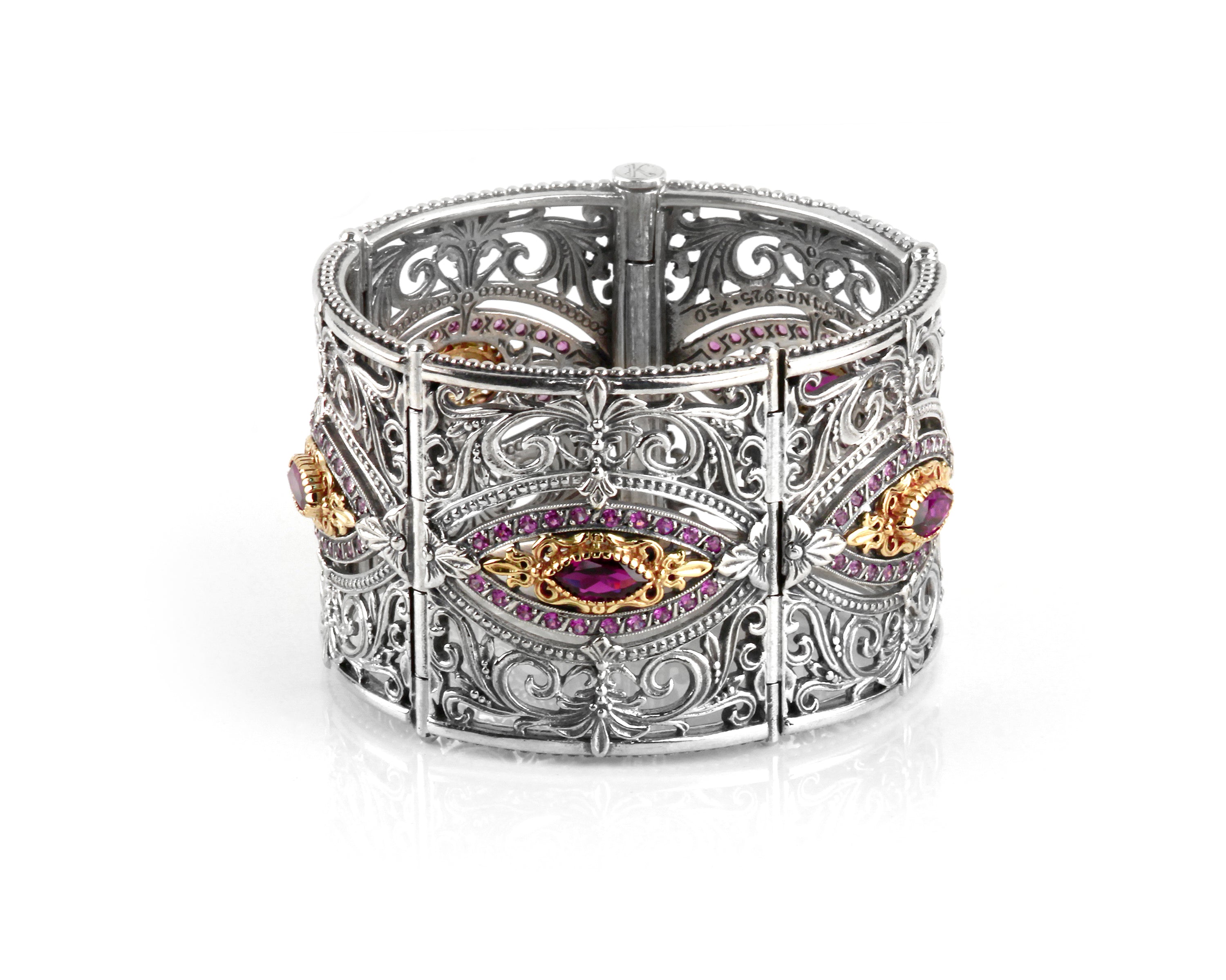 KONSTANTINO STERLING SILVER & 18K GOLD RHODOLITE ORNATE CUFF FROM THE ARTEMIS COLLECTION