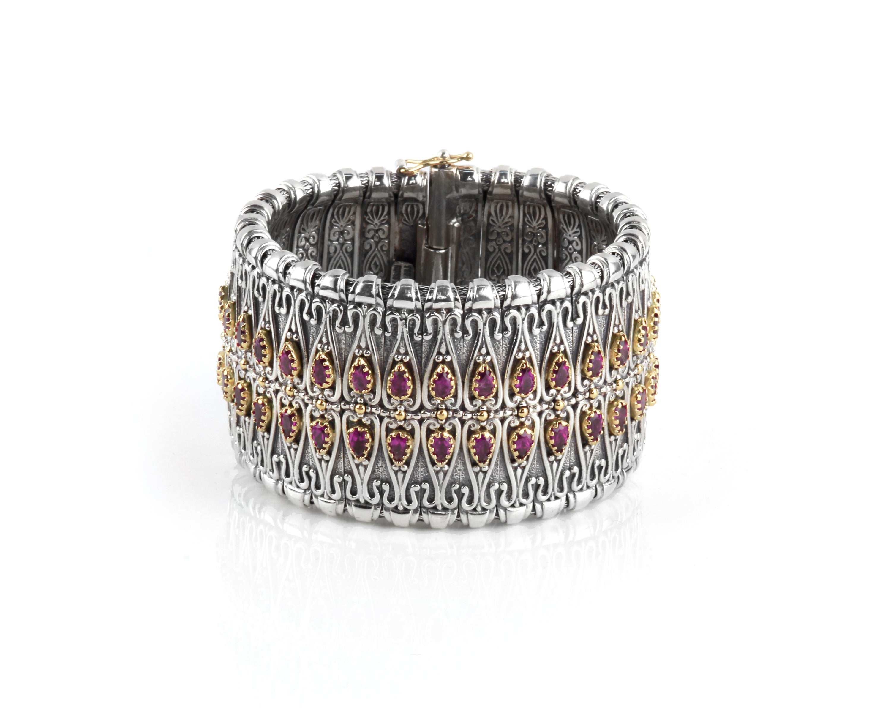 KONSTANTINO STERLING SILVER & 18K GOLD RHODOLITE FILIGREE CUFF FROM THE ARTEMIS COLLECTION