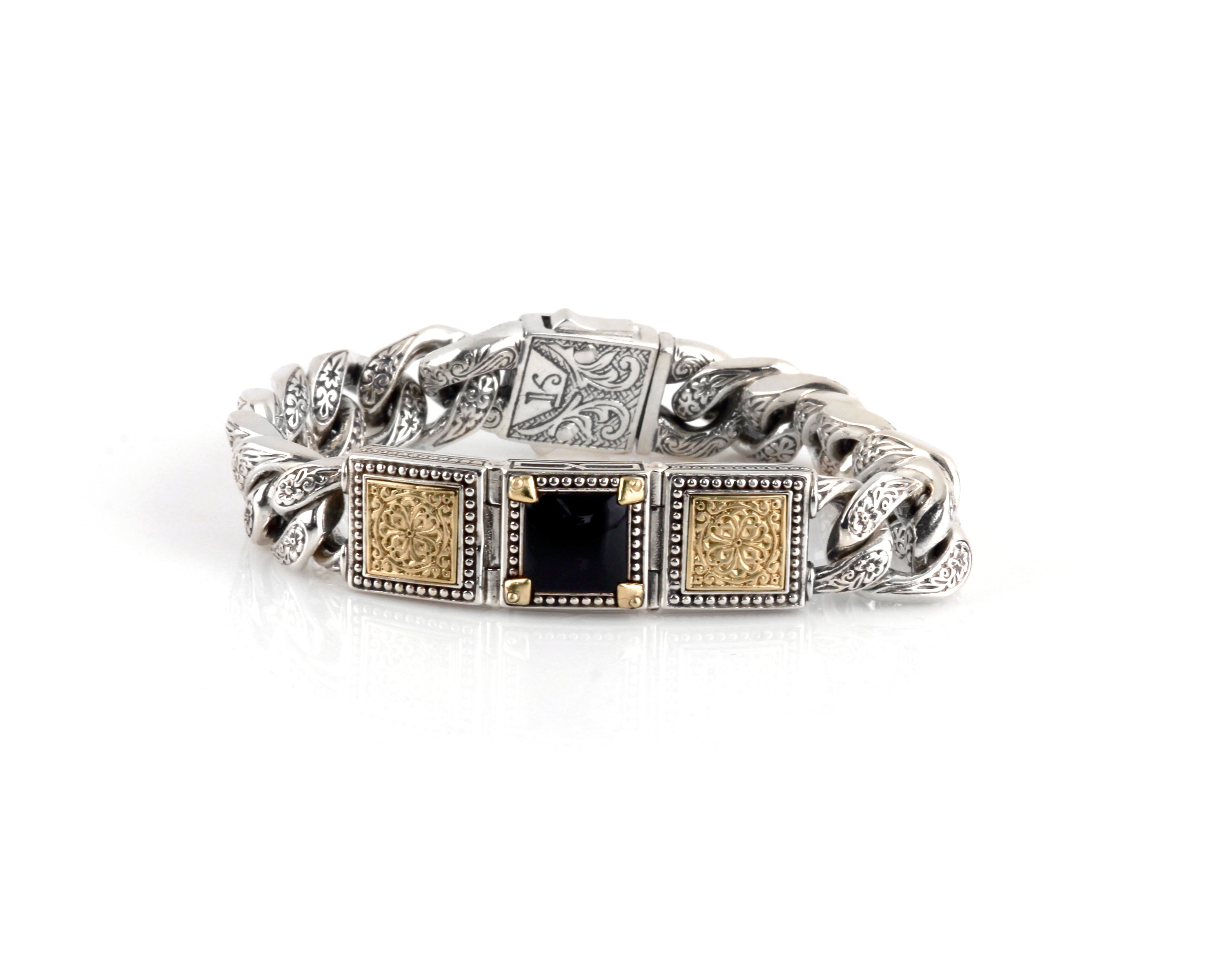 KONSTANTINO STERLING SILVER & BRONZE ONYX SQUARE DETAIL BRACELET FROM THE PHIDIAS COLLECTION