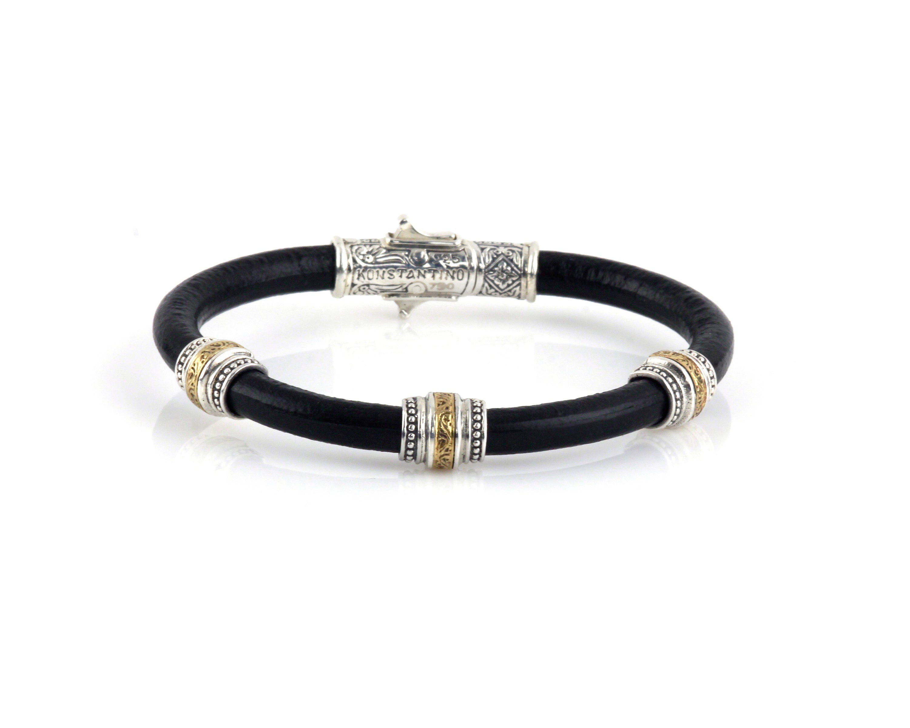 KONSTANTINO STERLING SILVER & BRONZE WITH BLACK LEATHER BRACELET FROM THE PHIDIAS COLLECTION