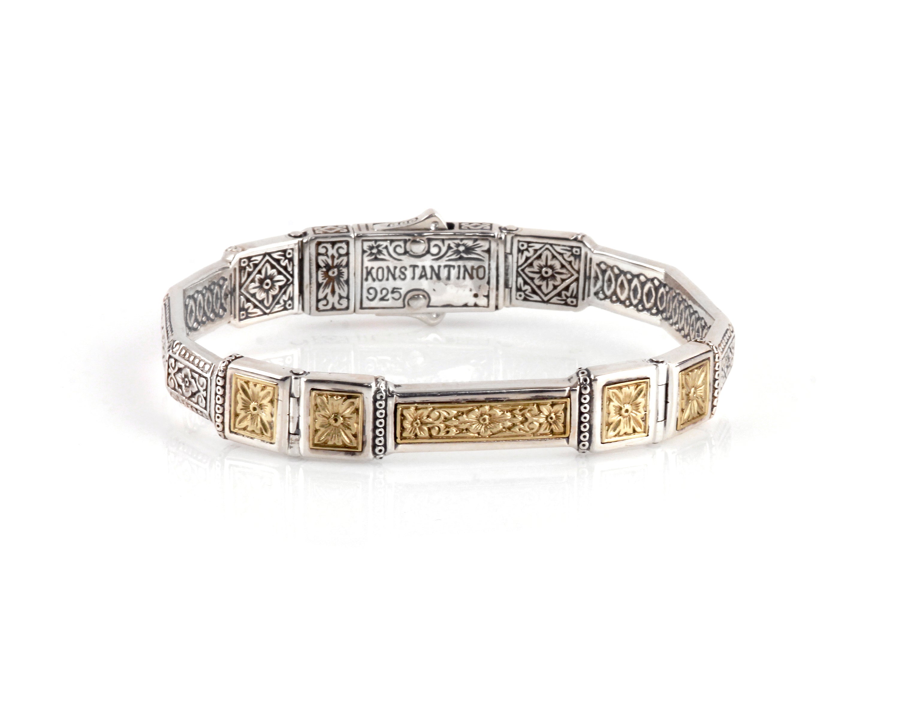 KONSTANTINO STERLING SILVER & BRONZE ORNATE 4 SQUARE DETAIL  BRACELET FROM THE PHIDIAS COLLECTION