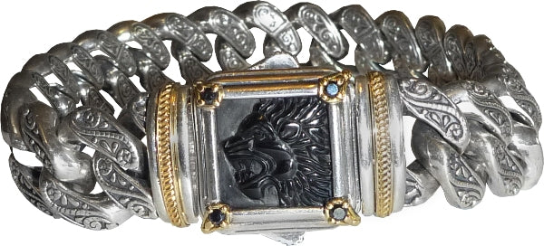 KONSTANTINO STERLING SILVER & 18K GOLD ONYX & BLACK DIAMOND CARVED LION MOTIF BRACELET FROM THE PAGA