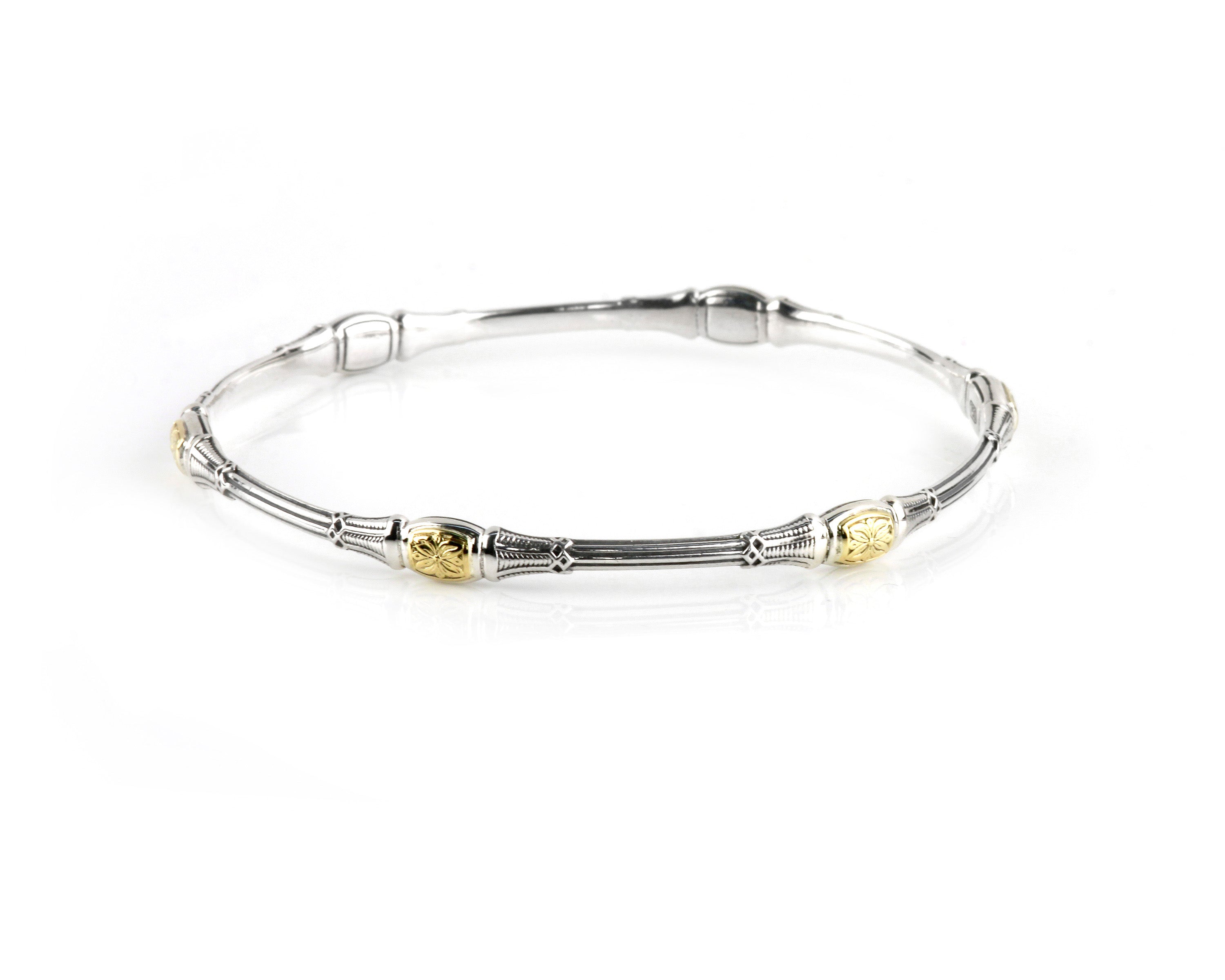 KONSTANTINO STERLING SILVER & 18K GOLD FLORAL DETAIL BANGLE FROM THE HERMIONE COLLECTION