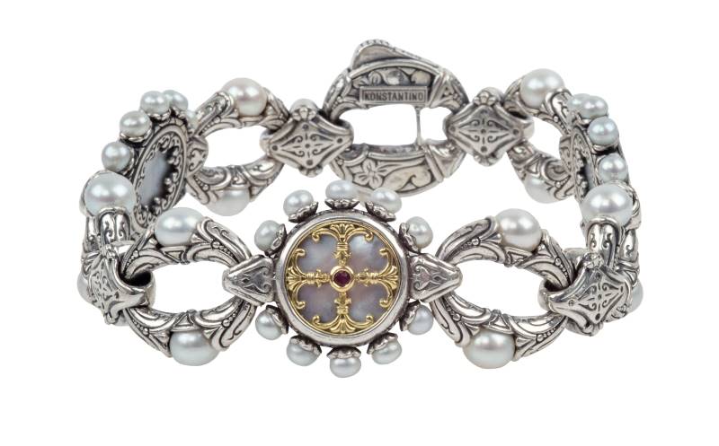 KONSTANTINO STERLING SILVER & 18K GOLD BRACELET MOTHER OF PEARL PEARL RUBY FROM THE HESTIA COLLECTION