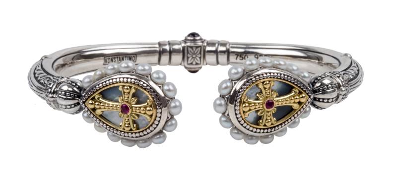 KONSTANTINO STERLING SILVER & 18K GOLD BRACELET MOTHER OF PEARL PEARL RUBY FROM THE HESTIA COLLECTION