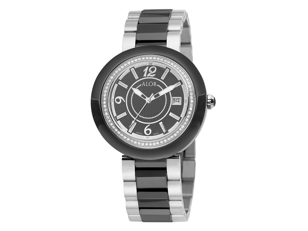 Alor 43mm Stainless Steel Swiss made with Black Ceramic/Stainless Steel bezel, Cabochon Crown, double curved sapphire crystal and black dial with silver Arabic markers, 0.73 total carat weight Diamonds (73 stones) on a black ceramic/Stainless Steel brace